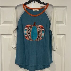 Southern Grace Teal and Cream Long Sleeve Top with Pumpkin Design